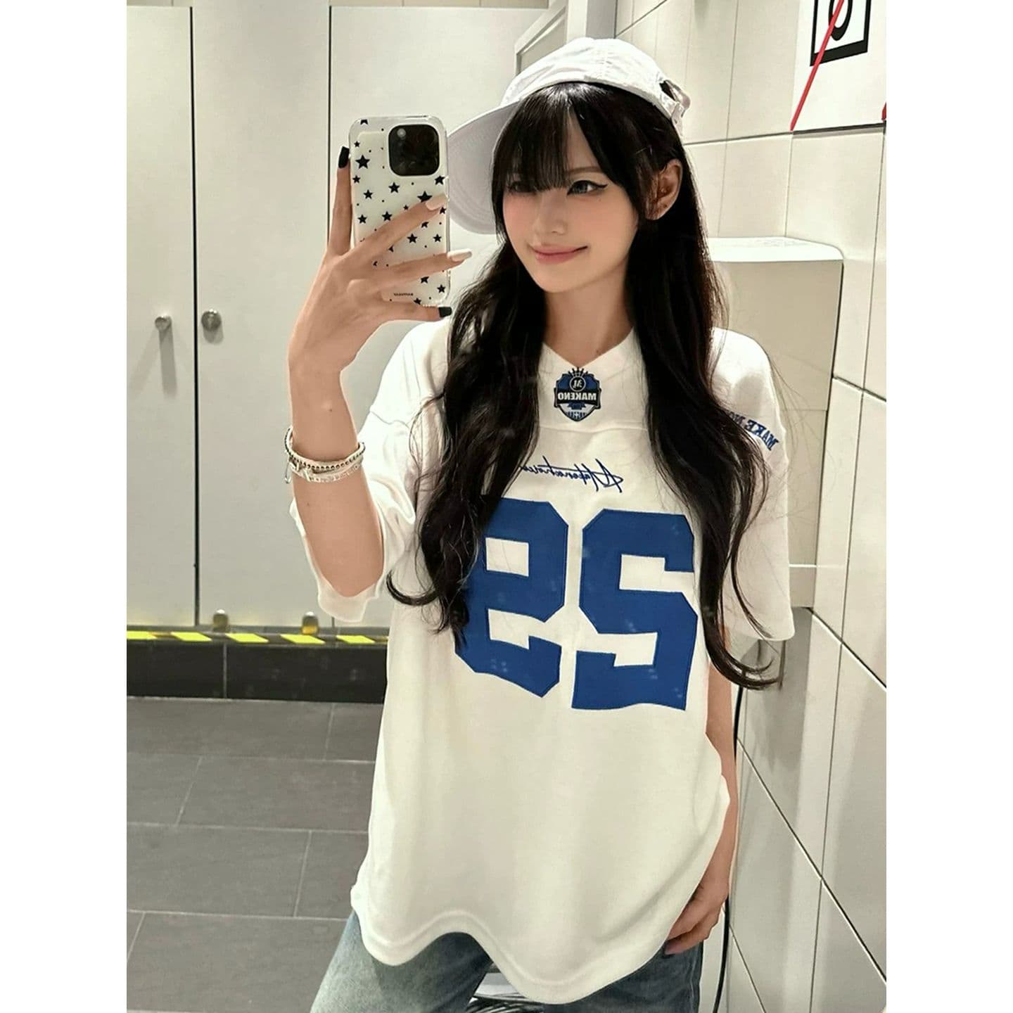 원본 것 아메리칸 자수 V넥 저지 반팔 티셔츠 루즈핏 티셔츠 맨위