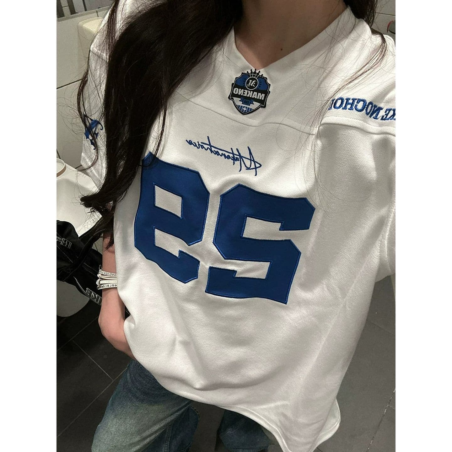 원본 것 아메리칸 자수 V넥 저지 반팔 티셔츠 루즈핏 티셔츠 맨위 이미지 4