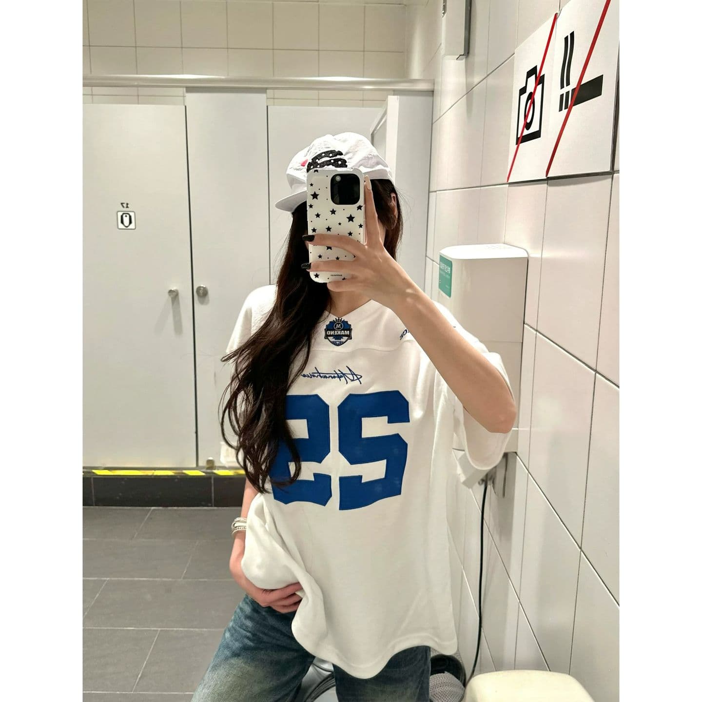 원본 것 아메리칸 자수 V넥 저지 반팔 티셔츠 루즈핏 티셔츠 맨위 이미지 2