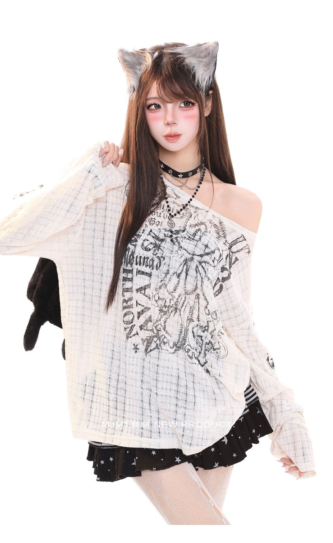한 부서 흑인과 백인 프린트 자외선 차단 블라우스 티셔츠 여성 디자인 센스 홀로우 아웃 오프숄더 핫걸 긴팔 맨위 상세 이미지 18