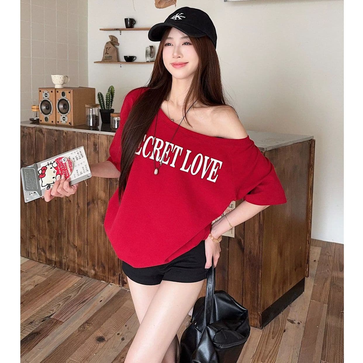 원본 품질 아메리칸 레트로 와인 레드 비스듬한 어깨 반팔 티셔츠 오프숄더 맨위 이미지 3