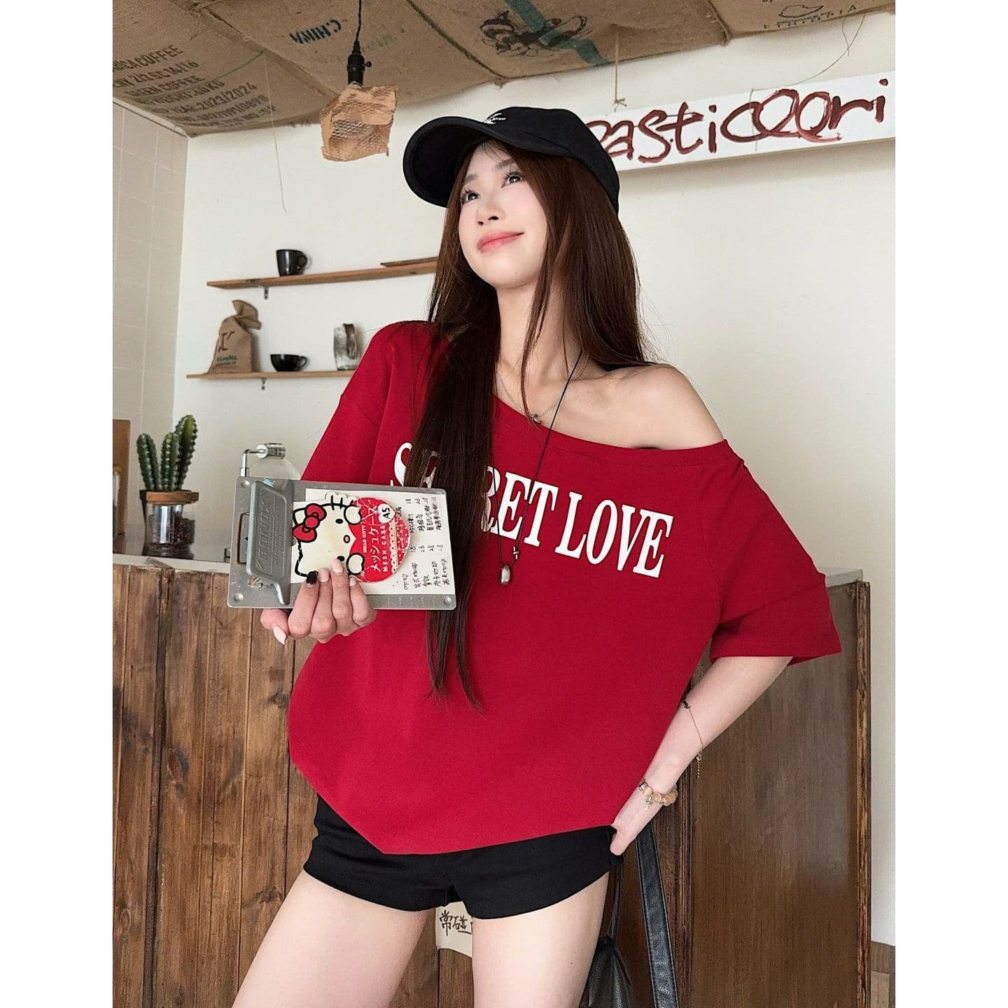 원본 품질 아메리칸 레트로 와인 레드 비스듬한 어깨 반팔 티셔츠 오프숄더 맨위 이미지 5