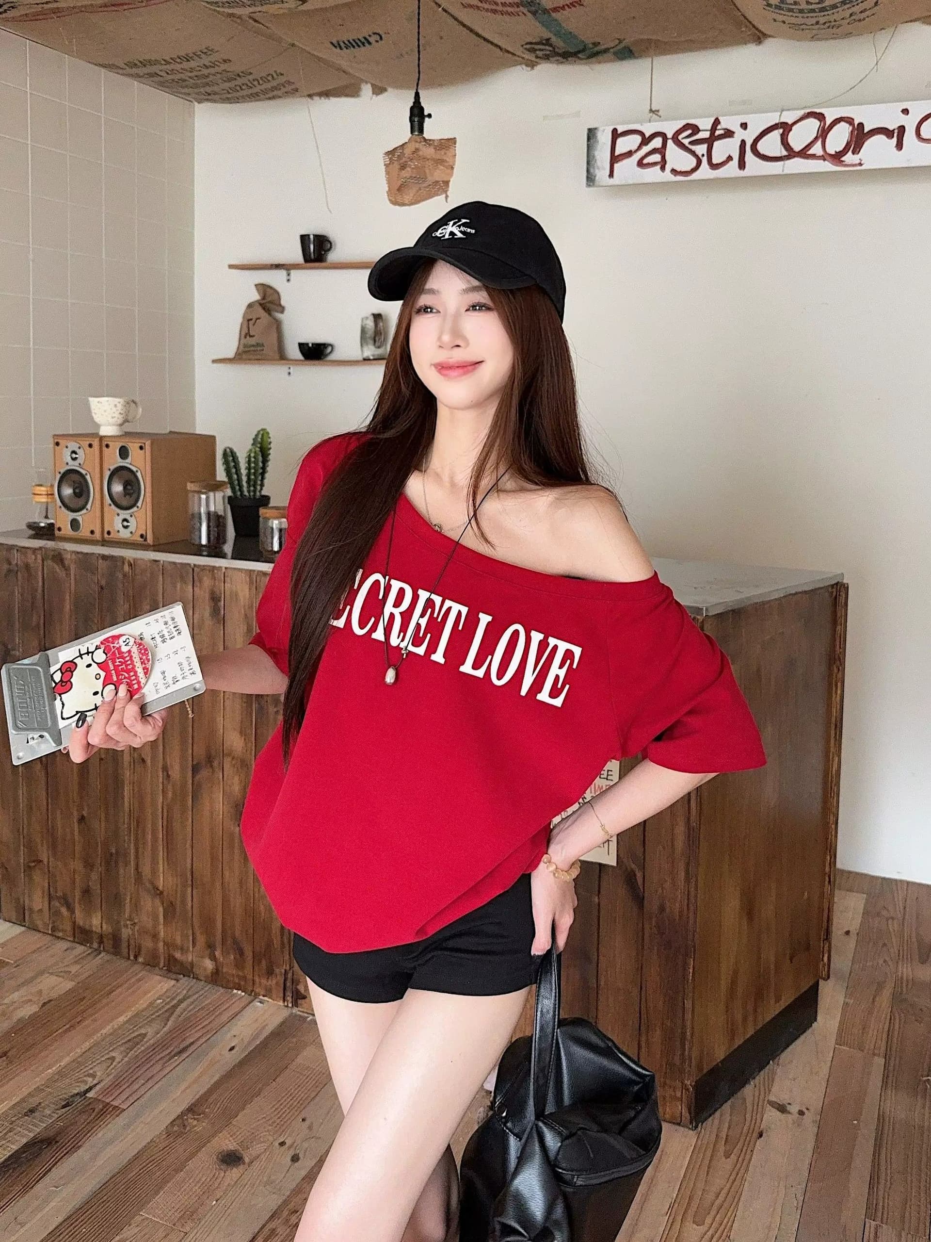 원본 품질 아메리칸 레트로 와인 레드 비스듬한 어깨 반팔 티셔츠 오프숄더 맨위 상세 이미지 9