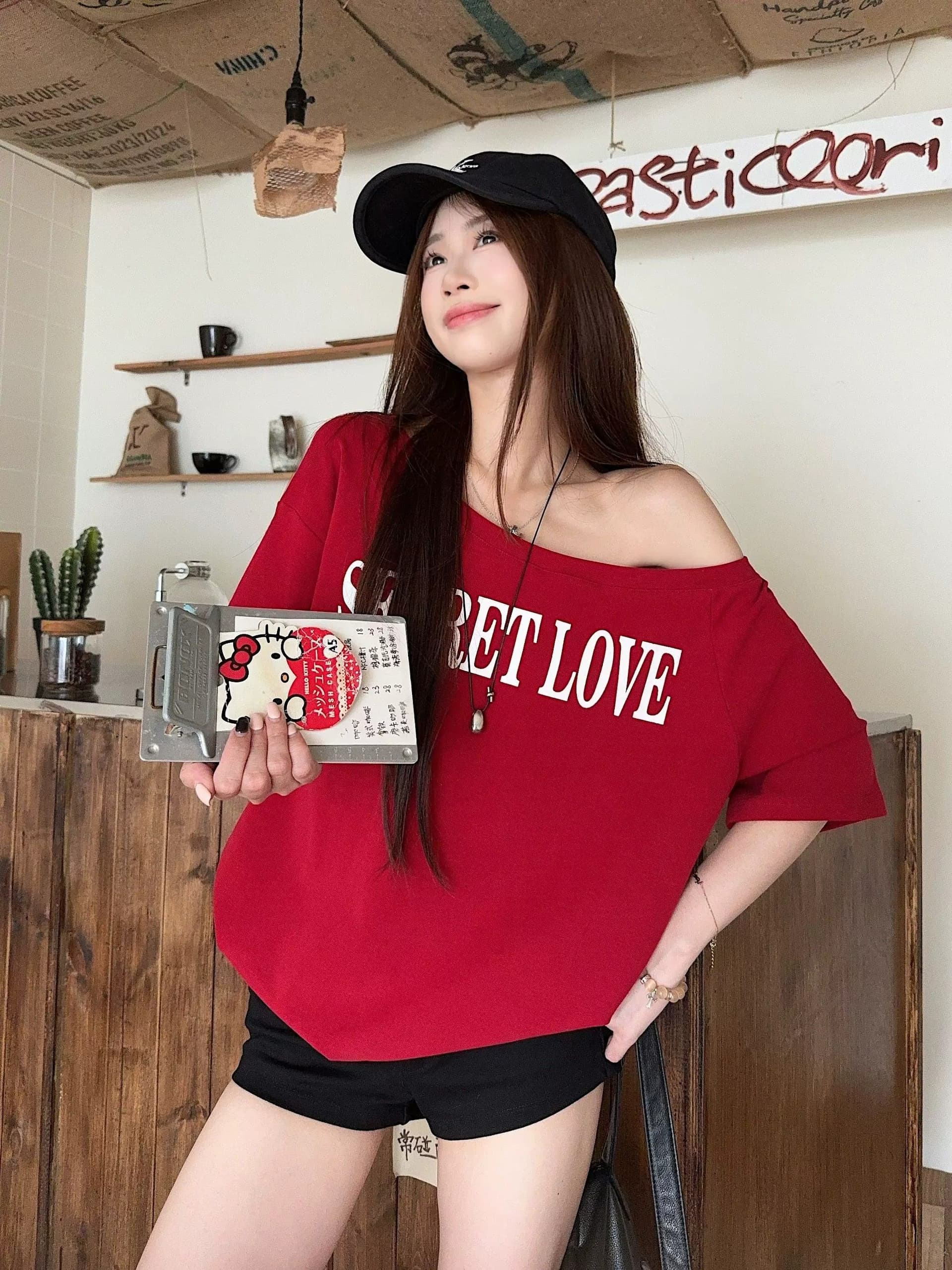 원본 품질 아메리칸 레트로 와인 레드 비스듬한 어깨 반팔 티셔츠 오프숄더 맨위 상세 이미지 13