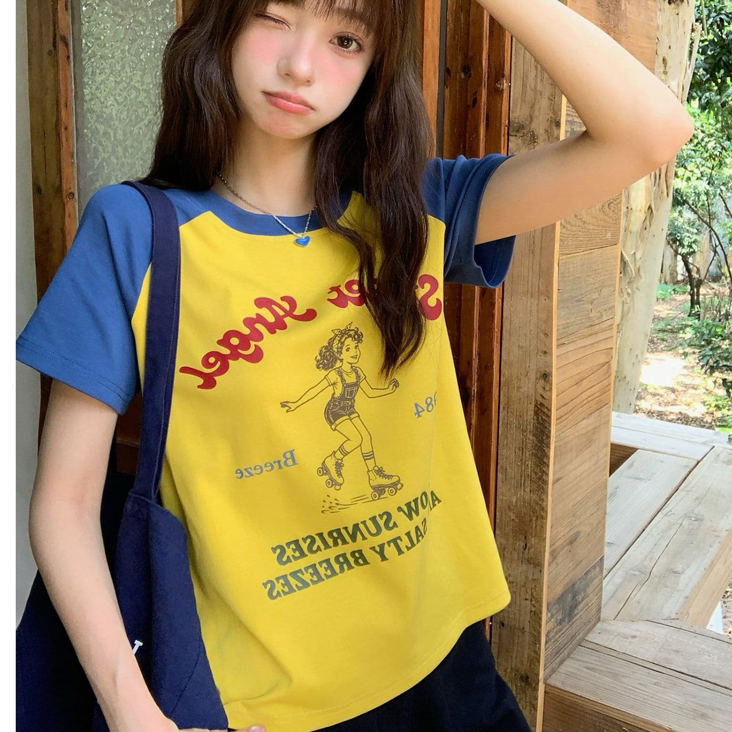 92 면 배색 패치워크 긍정적 인 어깨 반팔 티셔츠 여성 여름 한 부서 몸매 가꾸기 고유 한 아름다운 핫걸 맨위 이미지 3
