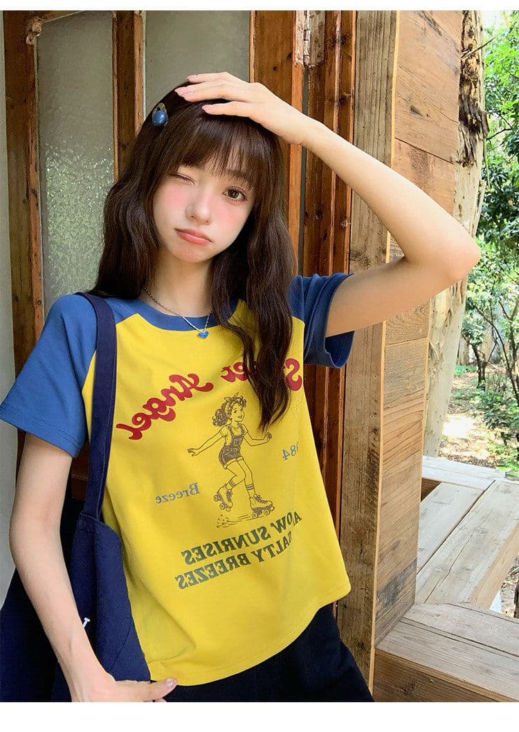92 면 배색 패치워크 긍정적 인 어깨 반팔 티셔츠 여성 여름 한 부서 몸매 가꾸기 고유 한 아름다운 핫걸 맨위 상세 이미지 3