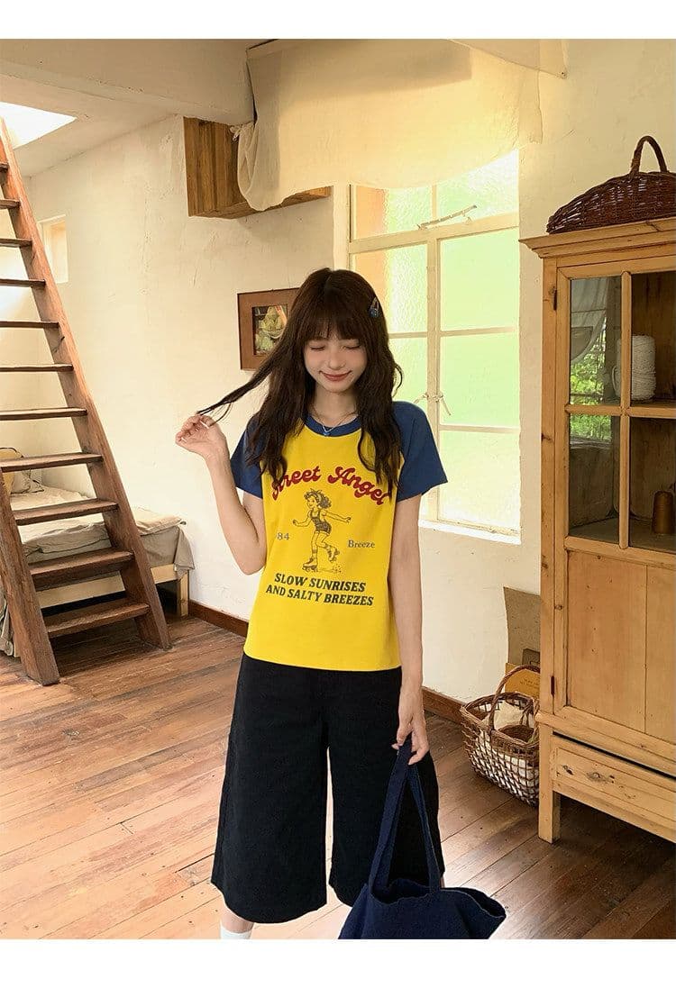 92 면 배색 패치워크 긍정적 인 어깨 반팔 티셔츠 여성 여름 한 부서 몸매 가꾸기 고유 한 아름다운 핫걸 맨위 상세 이미지 6