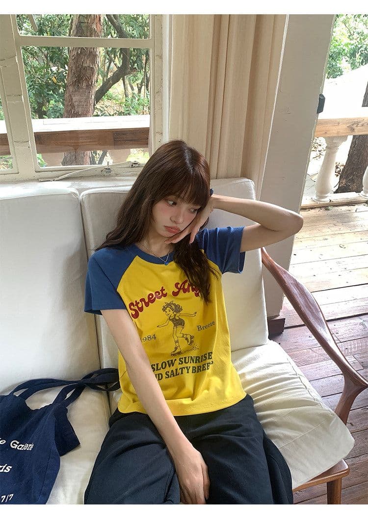 92 면 배색 패치워크 긍정적 인 어깨 반팔 티셔츠 여성 여름 한 부서 몸매 가꾸기 고유 한 아름다운 핫걸 맨위 상세 이미지 9