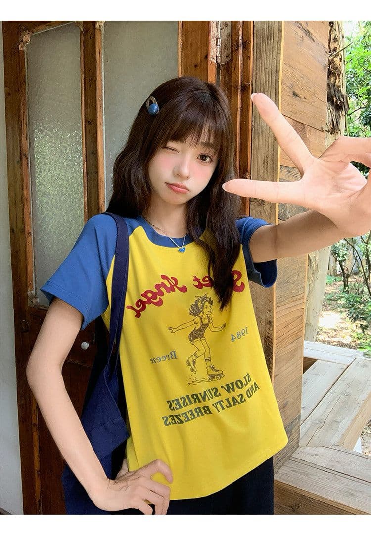 92 면 배색 패치워크 긍정적 인 어깨 반팔 티셔츠 여성 여름 한 부서 몸매 가꾸기 고유 한 아름다운 핫걸 맨위 상세 이미지 11