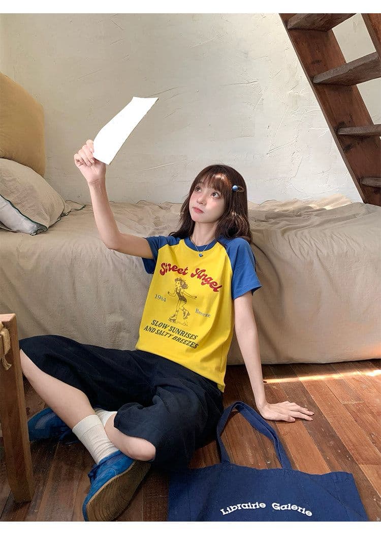 92 면 배색 패치워크 긍정적 인 어깨 반팔 티셔츠 여성 여름 한 부서 몸매 가꾸기 고유 한 아름다운 핫걸 맨위 상세 이미지 12