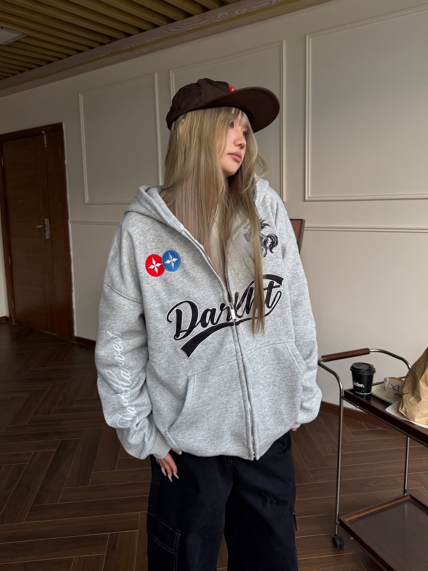 아메리칸 레트로 날다 말 알파벳 자수 후드 티 스웨터 남녀 캐주얼 다용도 루즈핏 카디건 코트 트렌디 상세 이미지 13