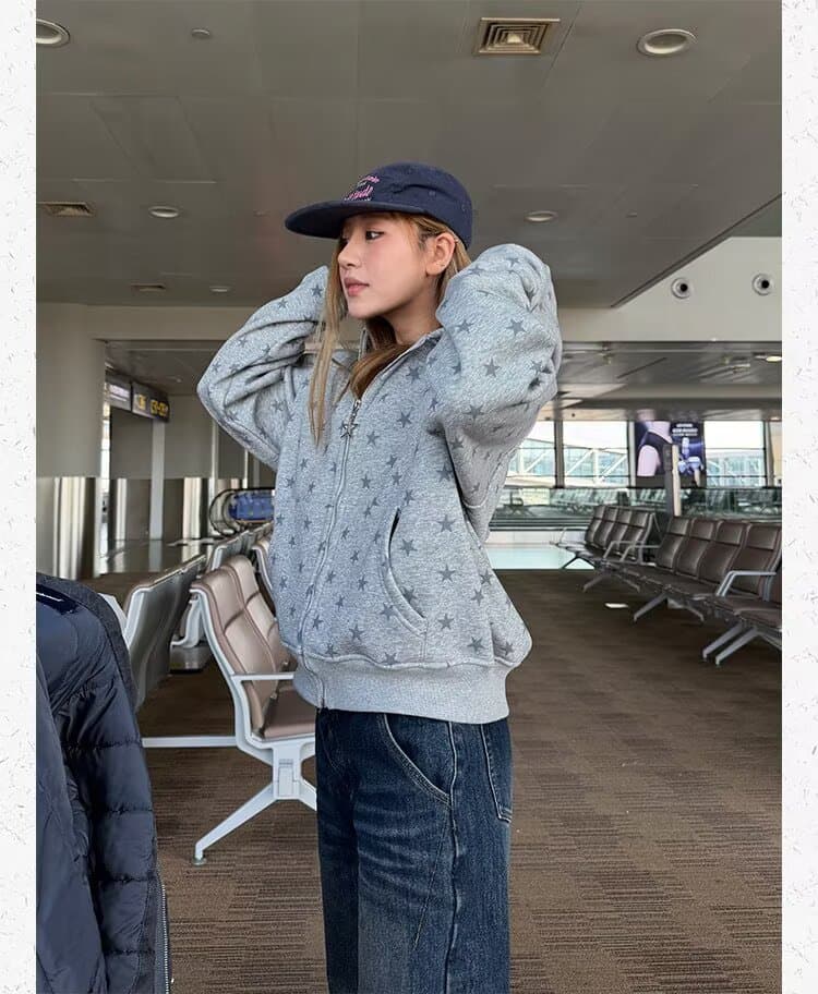 한국 동대문 별 전체 인쇄 후드 삽입 어깨 후드티 아메리칸 디자인 지퍼 여성 다용도 재킷 짧은 맨위 상세 이미지 6