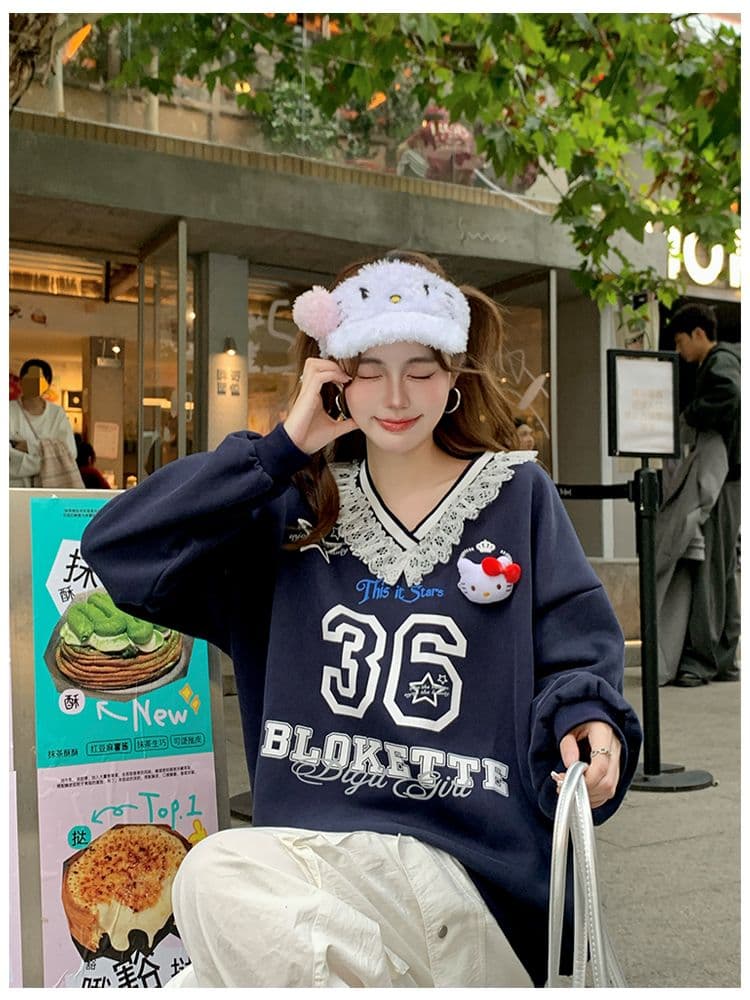 순수한 Mianhua 면 한 부서 레이스 레이스 V넥 캐주얼 ins 공개 애버딘 후드티 여성 얇은 스타일 맨위 상세 이미지 7
