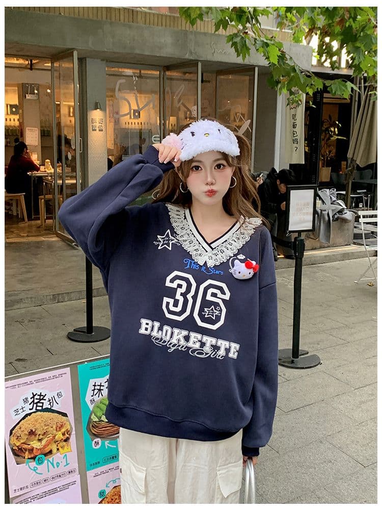 순수한 Mianhua 면 한 부서 레이스 레이스 V넥 캐주얼 ins 공개 애버딘 후드티 여성 얇은 스타일 맨위 상세 이미지 10