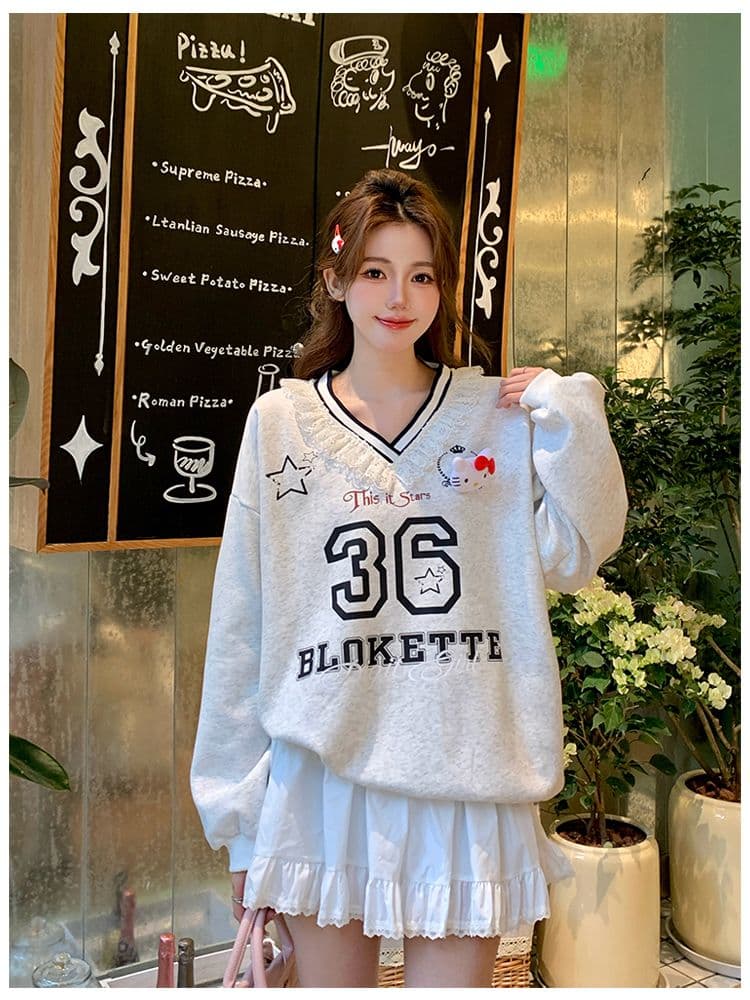 순수한 Mianhua 면 한 부서 레이스 레이스 V넥 캐주얼 ins 공개 애버딘 후드티 여성 얇은 스타일 맨위 상세 이미지 13