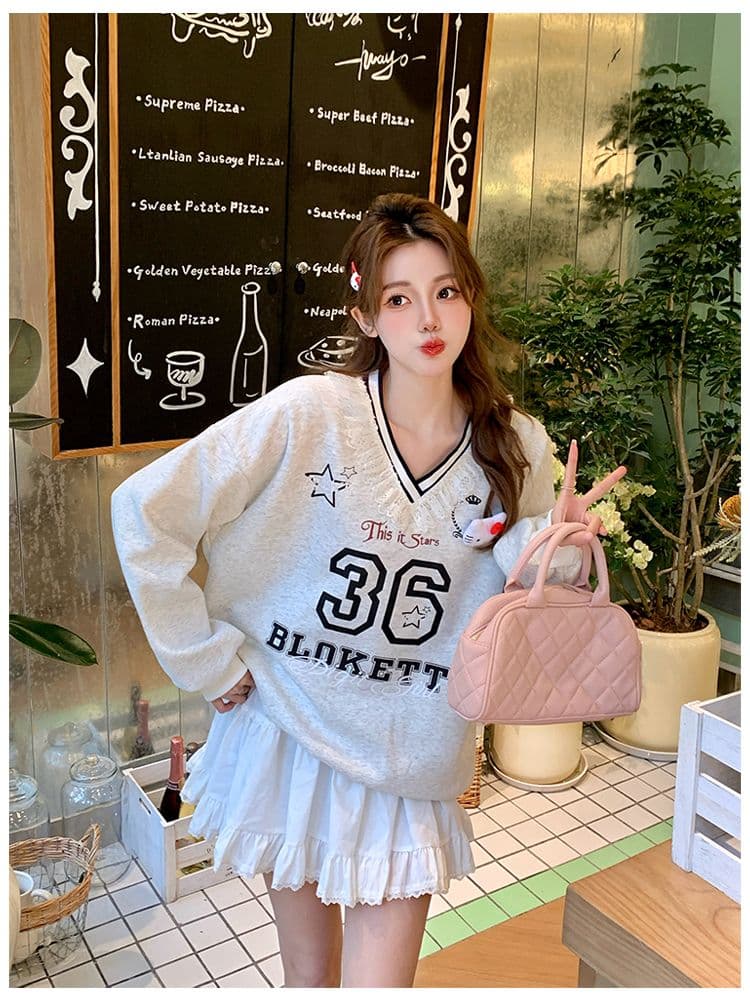 순수한 Mianhua 면 한 부서 레이스 레이스 V넥 캐주얼 ins 공개 애버딘 후드티 여성 얇은 스타일 맨위 상세 이미지 15