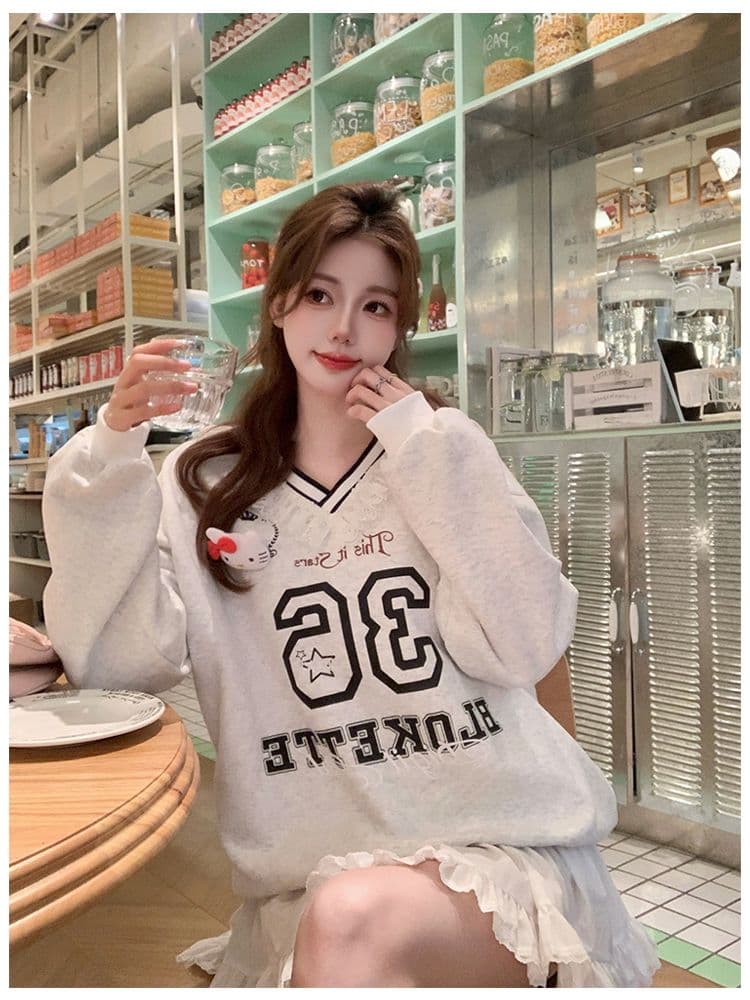 순수한 Mianhua 면 한 부서 레이스 레이스 V넥 캐주얼 ins 공개 애버딘 후드티 여성 얇은 스타일 맨위 상세 이미지 20