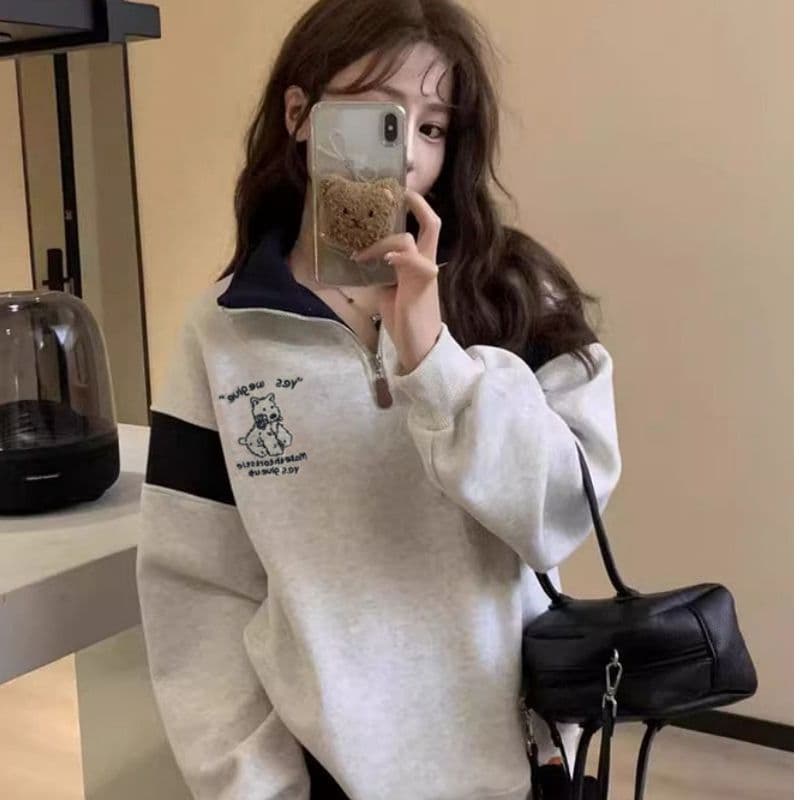 레트로 배색 패치워크 하프 지퍼 털이 있는 후드티 여성 가을 겨울 느긋한 학원 스타일 POLO 칼라 맨위