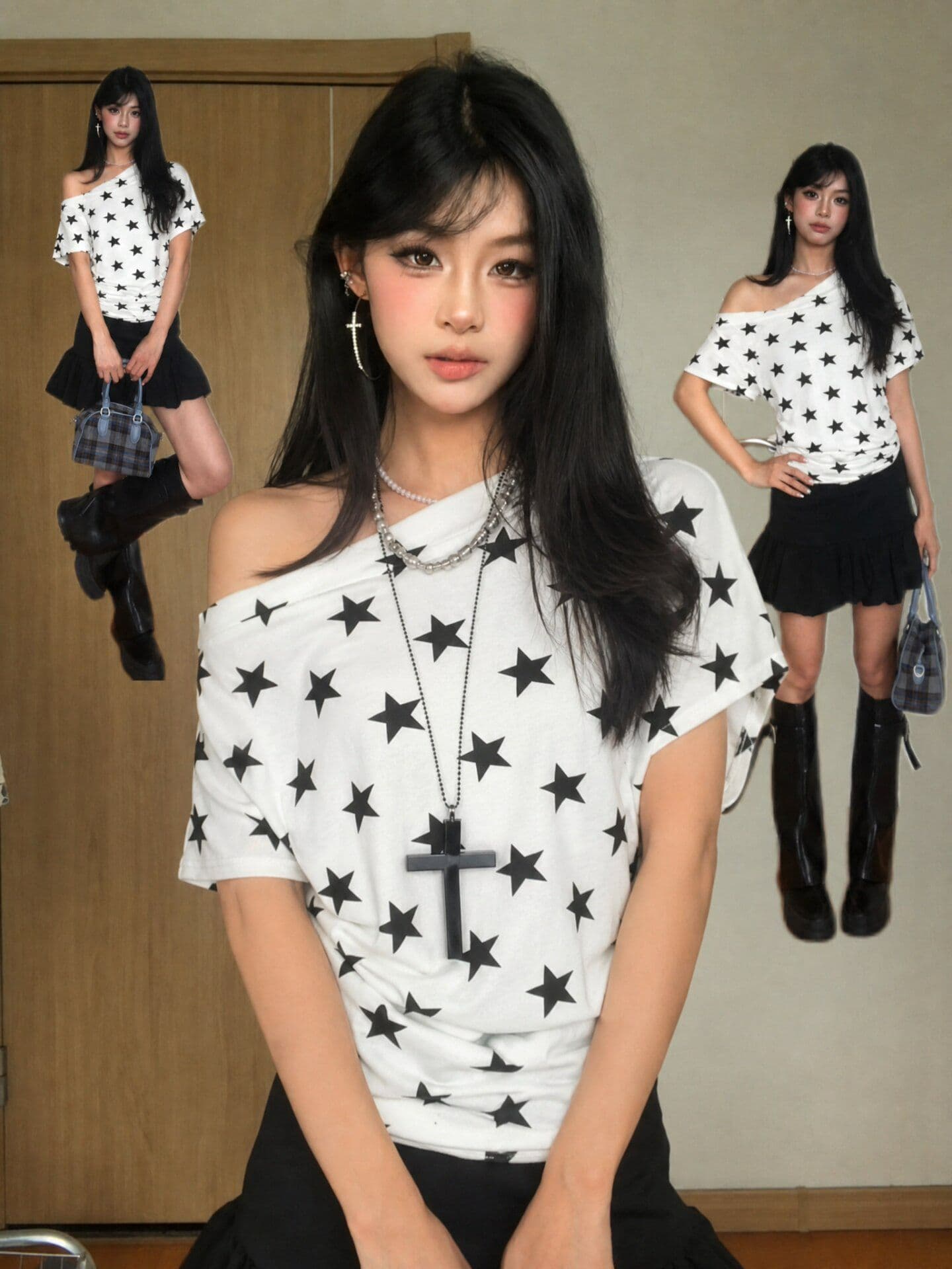 260 그램 모달 와 사고 방식 몸매 가꾸기 허리 수축 비스듬한 어깨 보트넥 상세 이미지 1