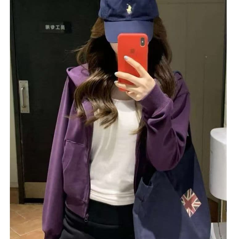 후아 면 복합 보라색 후드 티 스웨터 작은 키 쇼트 스타일 재킷 2026 가을 새로운 다용도 이미지 3