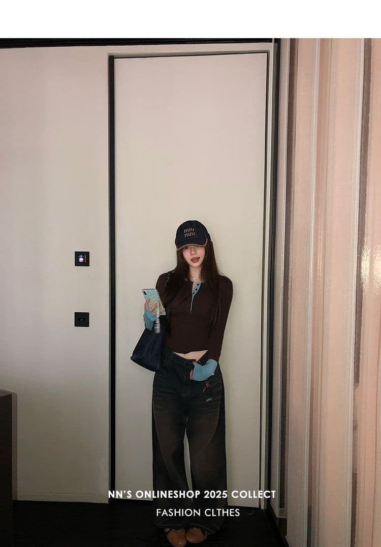 De 용량 270 그램 1.1 디자인 센스 페이크 레이어드 패치워크 색상 긴팔 티셔츠 여성 셔츠 상세 이미지 3