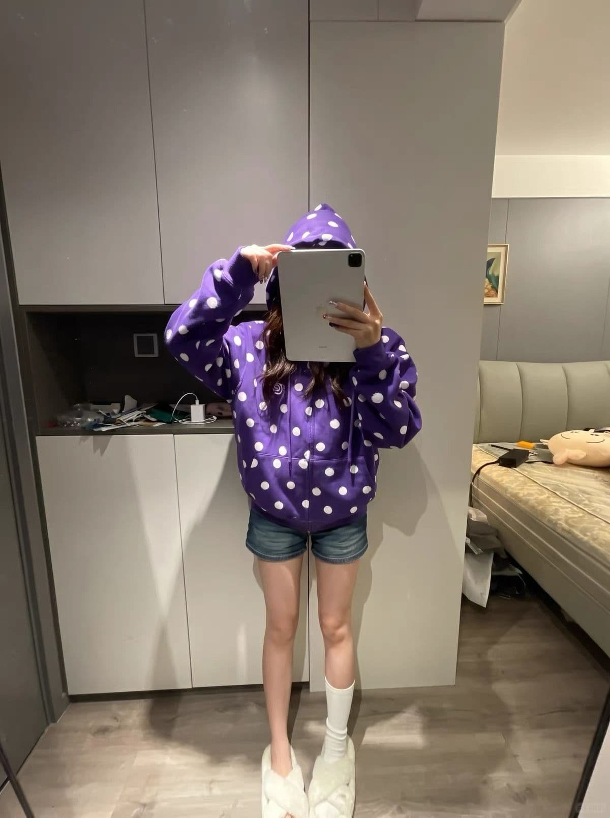 얇은 스타일 자수 이후 패키지 칼라 순수한 Mianhua 면 복합 후드티 여성 이미지 3