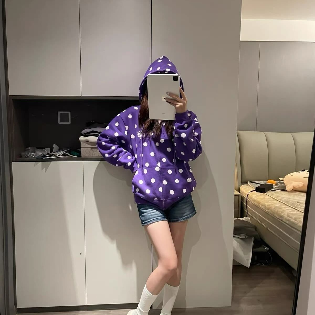 얇은 스타일 자수 이후 패키지 칼라 순수한 Mianhua 면 복합 후드티 여성 이미지 5