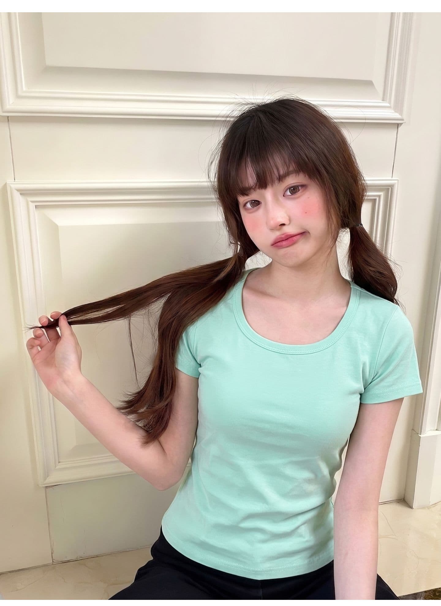 광저우 원단 원본 원단 스퀘어 입 칼라 단색 순면 반팔 티셔츠 여성 여름 몸매 가꾸기 맨위 상세 이미지 6