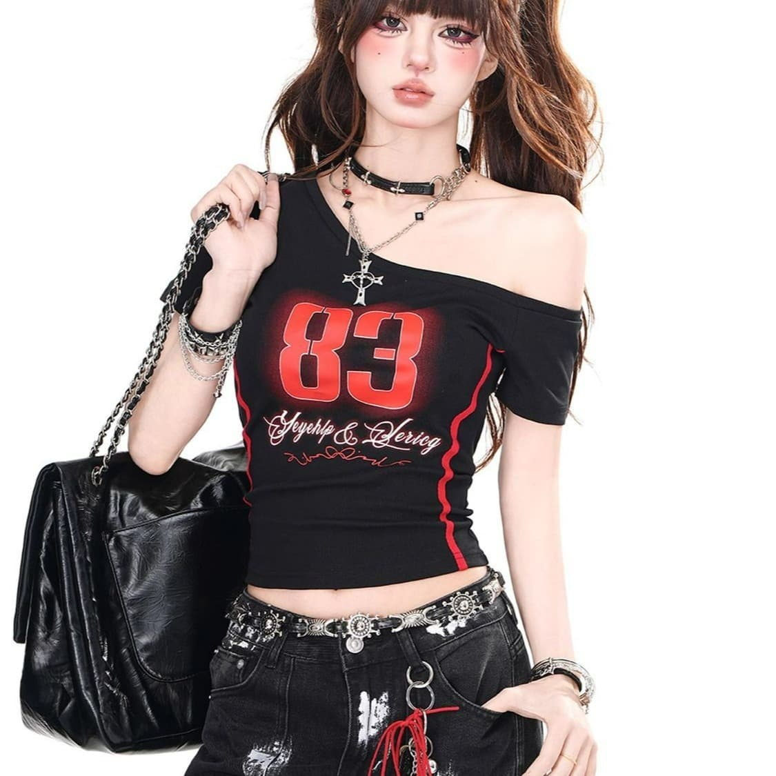 아메리칸 재 작업 비스듬한 어깨 다용도 알파벳 순수한 욕망 핫걸 반팔 비스듬한 어깨 티셔츠 여성 여름 몸매 가꾸기 슬림해 보이는 맨위 여성 이미지 5