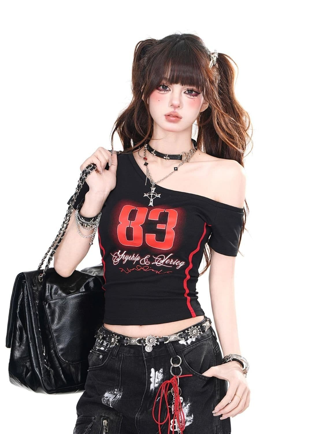 아메리칸 재 작업 비스듬한 어깨 다용도 알파벳 순수한 욕망 핫걸 반팔 비스듬한 어깨 티셔츠 여성 여름 몸매 가꾸기 슬림해 보이는 맨위 여성 상세 이미지 4
