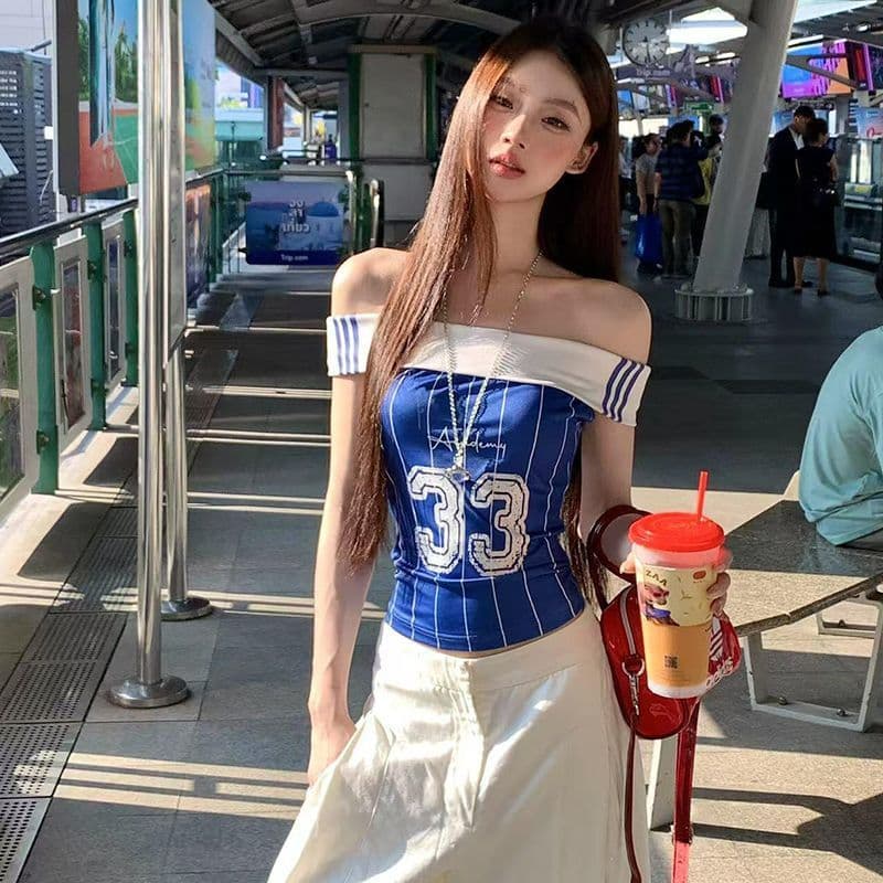 아메리칸 핫걸 배색 프린트 오프숄더 반팔 티셔츠 여성 여름 디자인 센스 몸매 가꾸기 슬림해 보이는 오프숄더 맨위 트렌디 상세 이미지 3