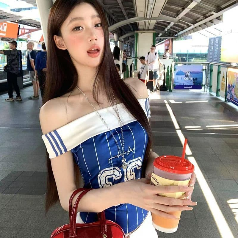 아메리칸 핫걸 배색 프린트 오프숄더 반팔 티셔츠 여성 여름 디자인 센스 몸매 가꾸기 슬림해 보이는 오프숄더 맨위 트렌디 상세 이미지 7