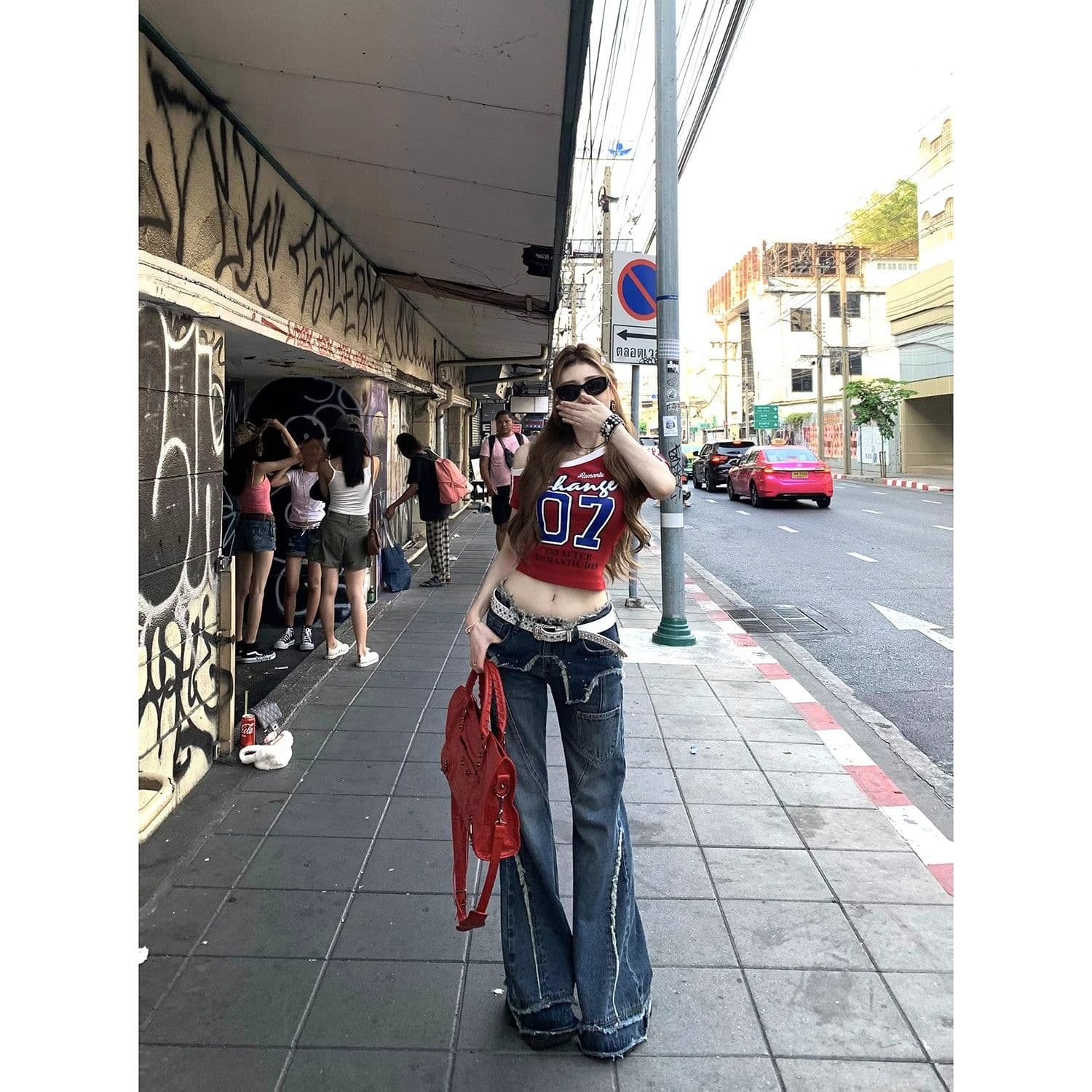 아메리칸 비스듬한 어깨 프린트 티셔츠 여성 여름 새로운 몸매 가꾸기 슬림해 보이는 핫걸 작은 대중 Chic 다용도 맨위 반팔 ins 이미지 2