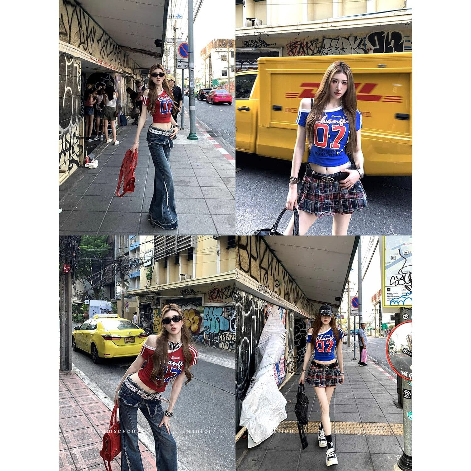 아메리칸 비스듬한 어깨 프린트 티셔츠 여성 여름 새로운 몸매 가꾸기 슬림해 보이는 핫걸 작은 대중 Chic 다용도 맨위 반팔 ins 이미지 4