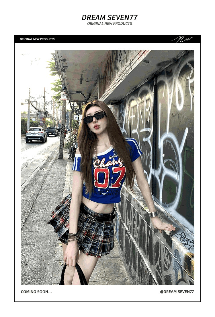 아메리칸 비스듬한 어깨 프린트 티셔츠 여성 여름 새로운 몸매 가꾸기 슬림해 보이는 핫걸 작은 대중 Chic 다용도 맨위 반팔 ins 상세 이미지 1