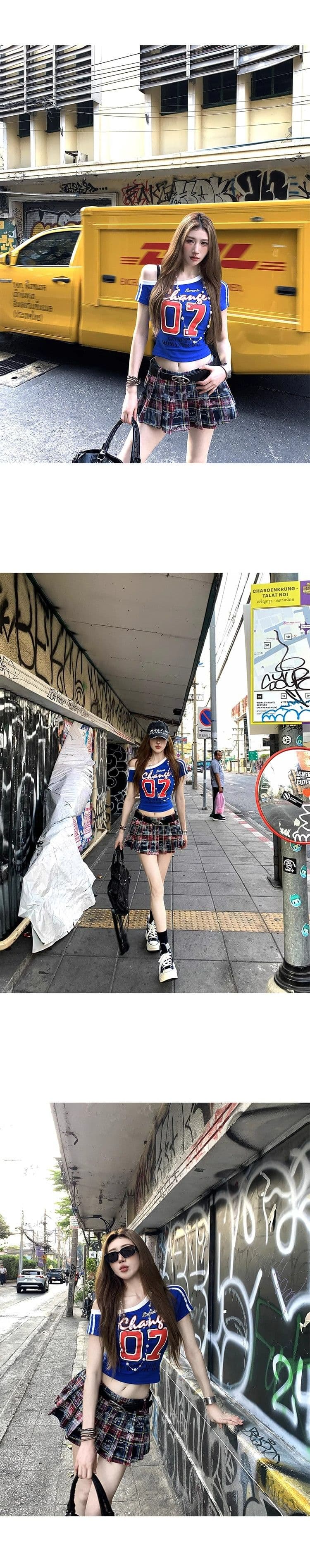아메리칸 비스듬한 어깨 프린트 티셔츠 여성 여름 새로운 몸매 가꾸기 슬림해 보이는 핫걸 작은 대중 Chic 다용도 맨위 반팔 ins 상세 이미지 8