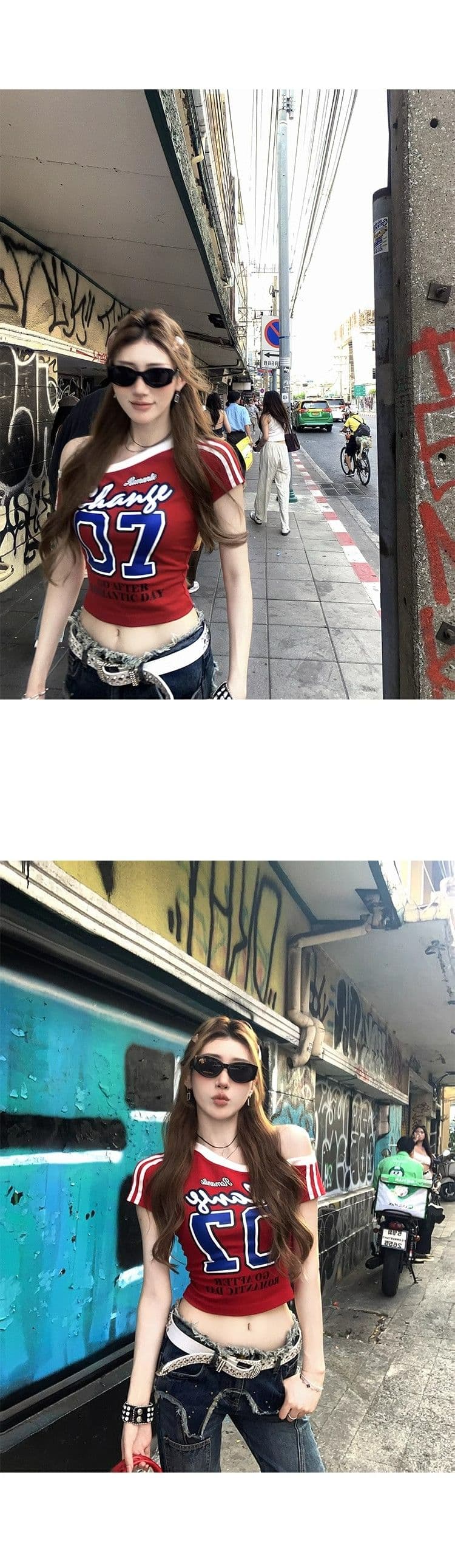 아메리칸 비스듬한 어깨 프린트 티셔츠 여성 여름 새로운 몸매 가꾸기 슬림해 보이는 핫걸 작은 대중 Chic 다용도 맨위 반팔 ins 상세 이미지 10