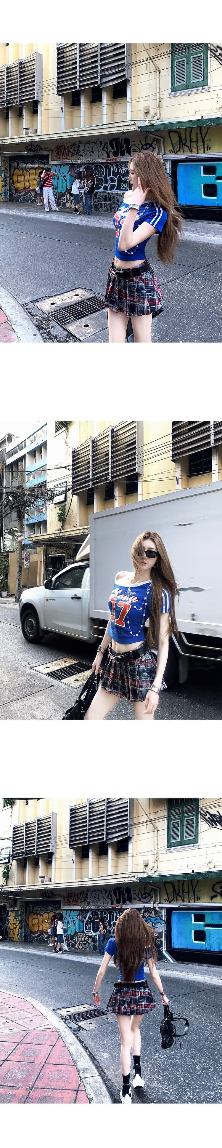아메리칸 비스듬한 어깨 프린트 티셔츠 여성 여름 새로운 몸매 가꾸기 슬림해 보이는 핫걸 작은 대중 Chic 다용도 맨위 반팔 ins 상세 이미지 12