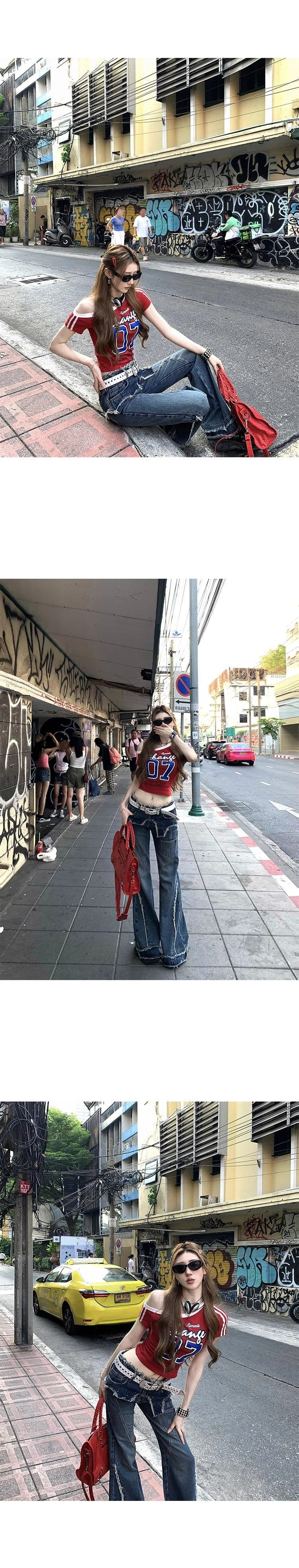 아메리칸 비스듬한 어깨 프린트 티셔츠 여성 여름 새로운 몸매 가꾸기 슬림해 보이는 핫걸 작은 대중 Chic 다용도 맨위 반팔 ins 상세 이미지 13