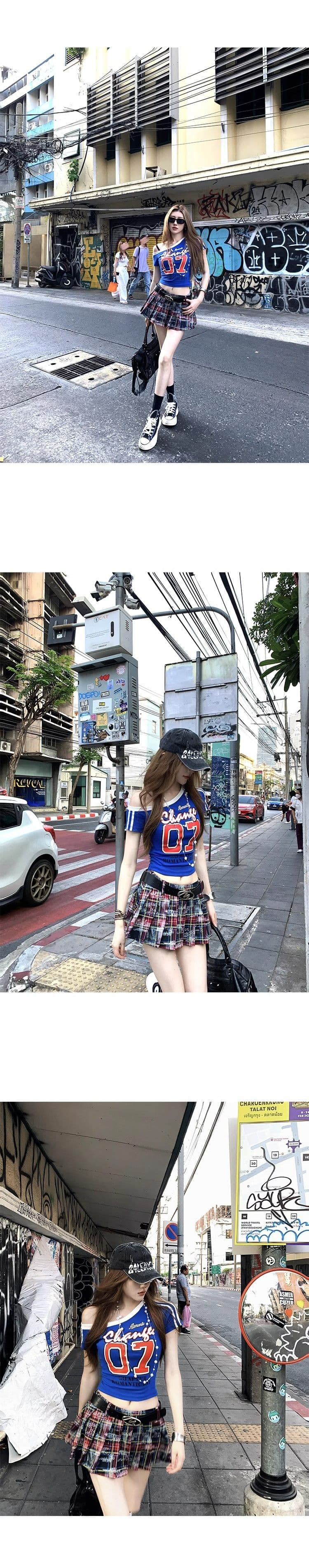 아메리칸 비스듬한 어깨 프린트 티셔츠 여성 여름 새로운 몸매 가꾸기 슬림해 보이는 핫걸 작은 대중 Chic 다용도 맨위 반팔 ins 상세 이미지 14
