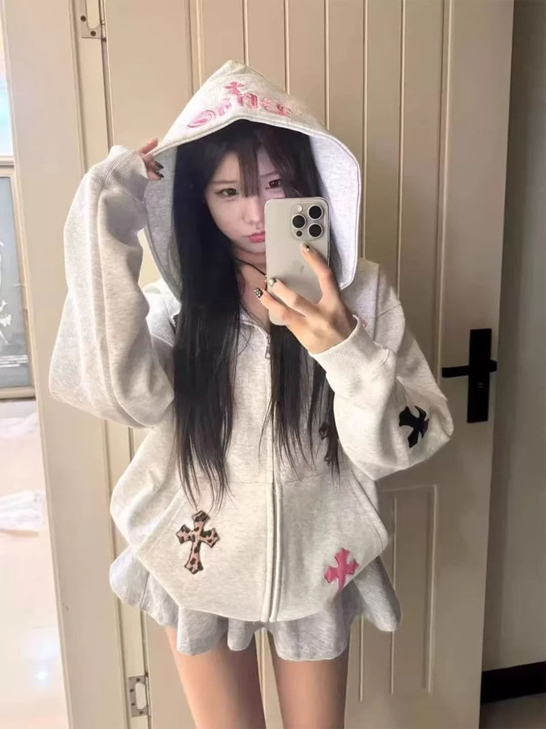 얇은 스타일 털이 있는 순수한 Mianhua 면 복합 후드티 여성 이미지 3