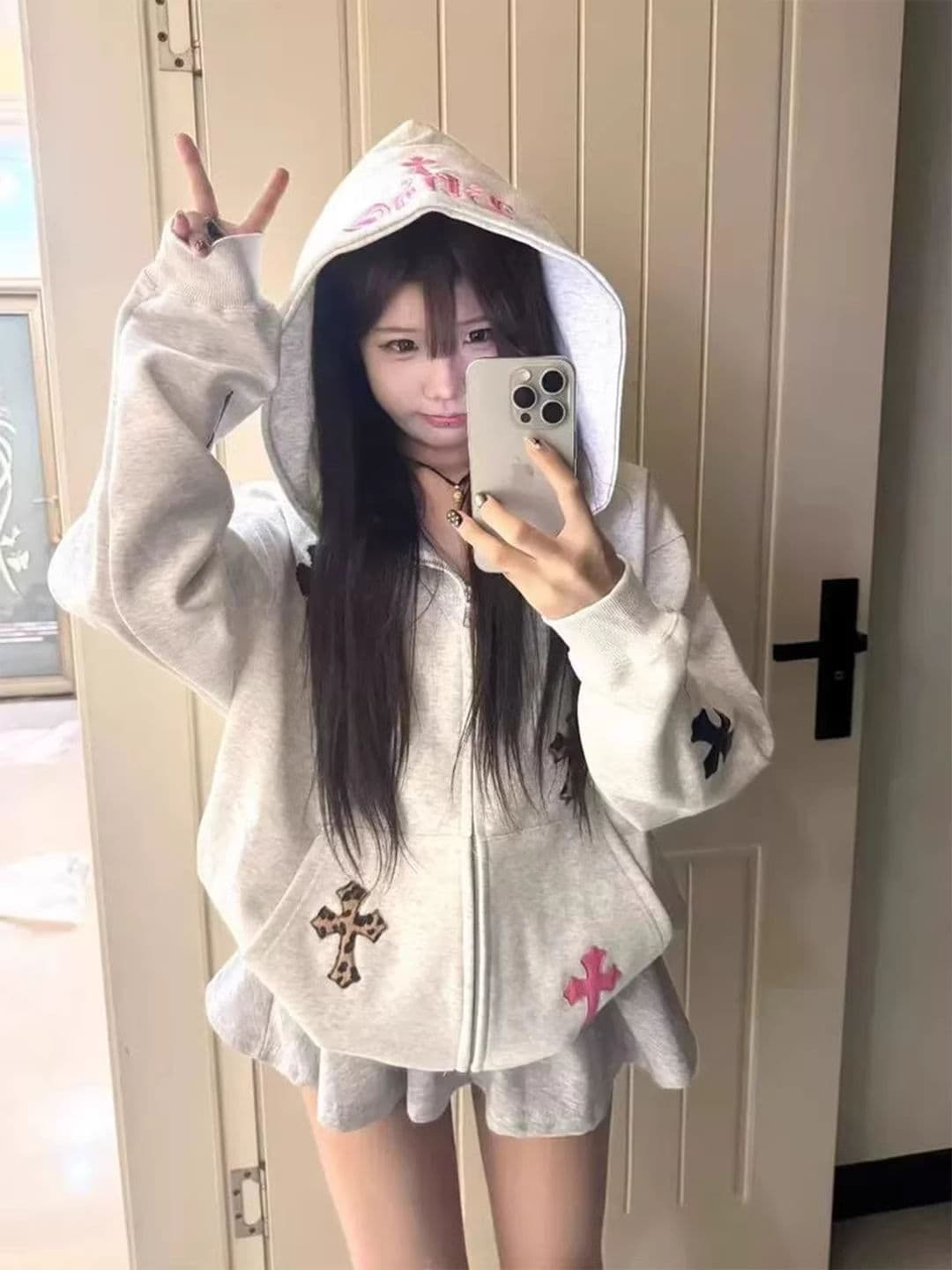얇은 스타일 털이 있는 순수한 Mianhua 면 복합 후드티 여성 상세 이미지 5