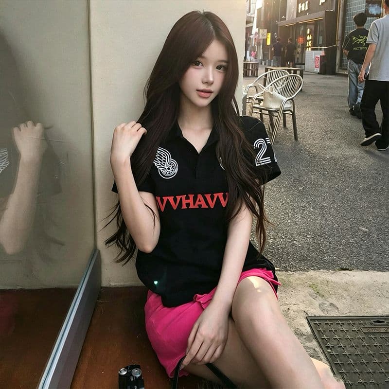 40 면 210 그램 패션 POLO 칼라 27 번호 프린트 반팔 티셔츠 여름 섹션 루즈핏 슬림해 보이는 폴로 칼라 맨위 이미지 4