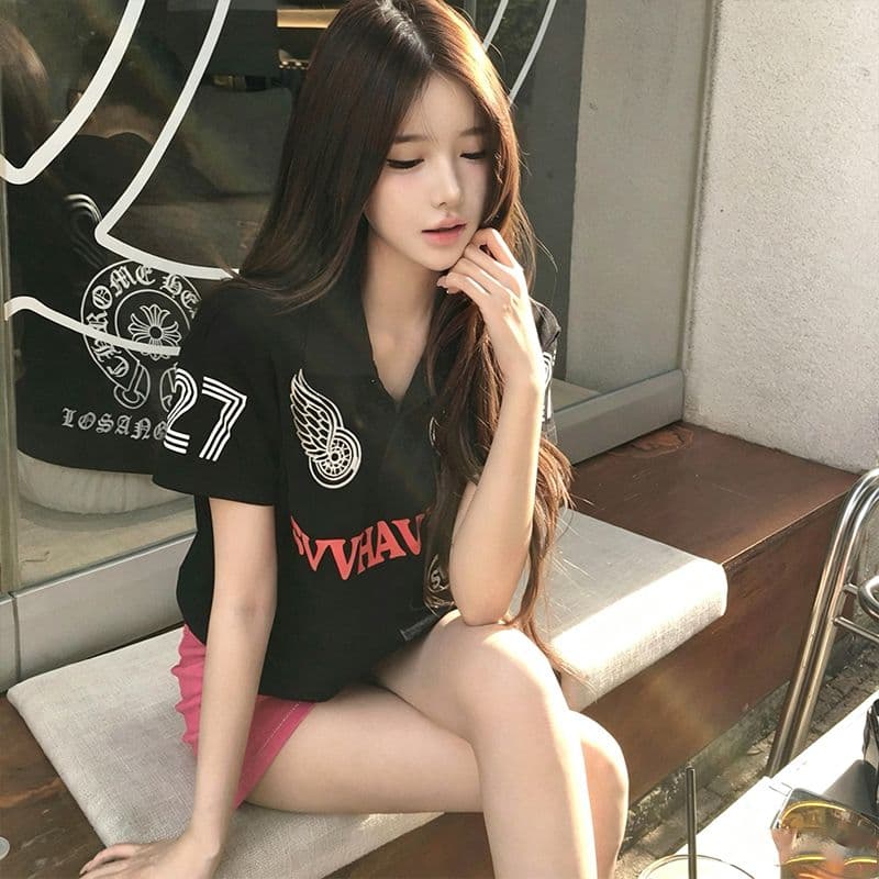 40 면 210 그램 패션 POLO 칼라 27 번호 프린트 반팔 티셔츠 여름 섹션 루즈핏 슬림해 보이는 폴로 칼라 맨위
