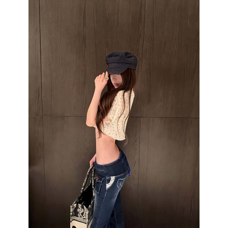 도파민 핫걸 프린트 반팔 티셔츠 여성 여름 새로운 라운드 넥 이슬 뼈의 슬림해 보이는 몸매 가꾸기 섹시함 쇼트 스타일 맨위 이미지 2