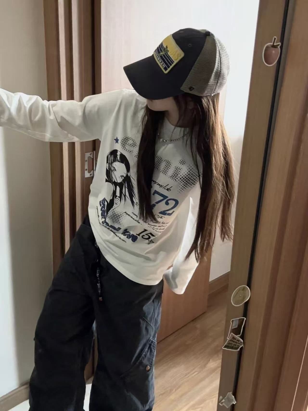 순면 아메리칸 레트로 소녀 프린트 순면 긴팔 티셔츠 여성 레저 루즈핏 느긋한 맨위 이미지 4