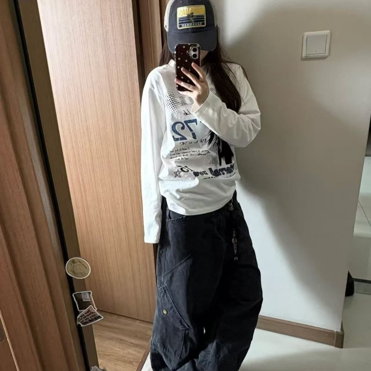 순면 아메리칸 레트로 소녀 프린트 순면 긴팔 티셔츠 여성 레저 루즈핏 느긋한 맨위 이미지 5