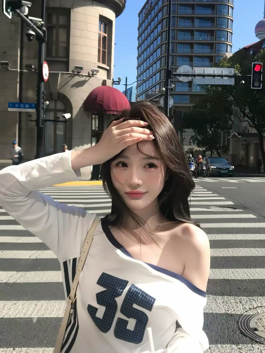 비스듬한 어깨 티셔츠 여성 가을 배색 긴팔 핫걸 캐주얼 맨위 상세 이미지 3