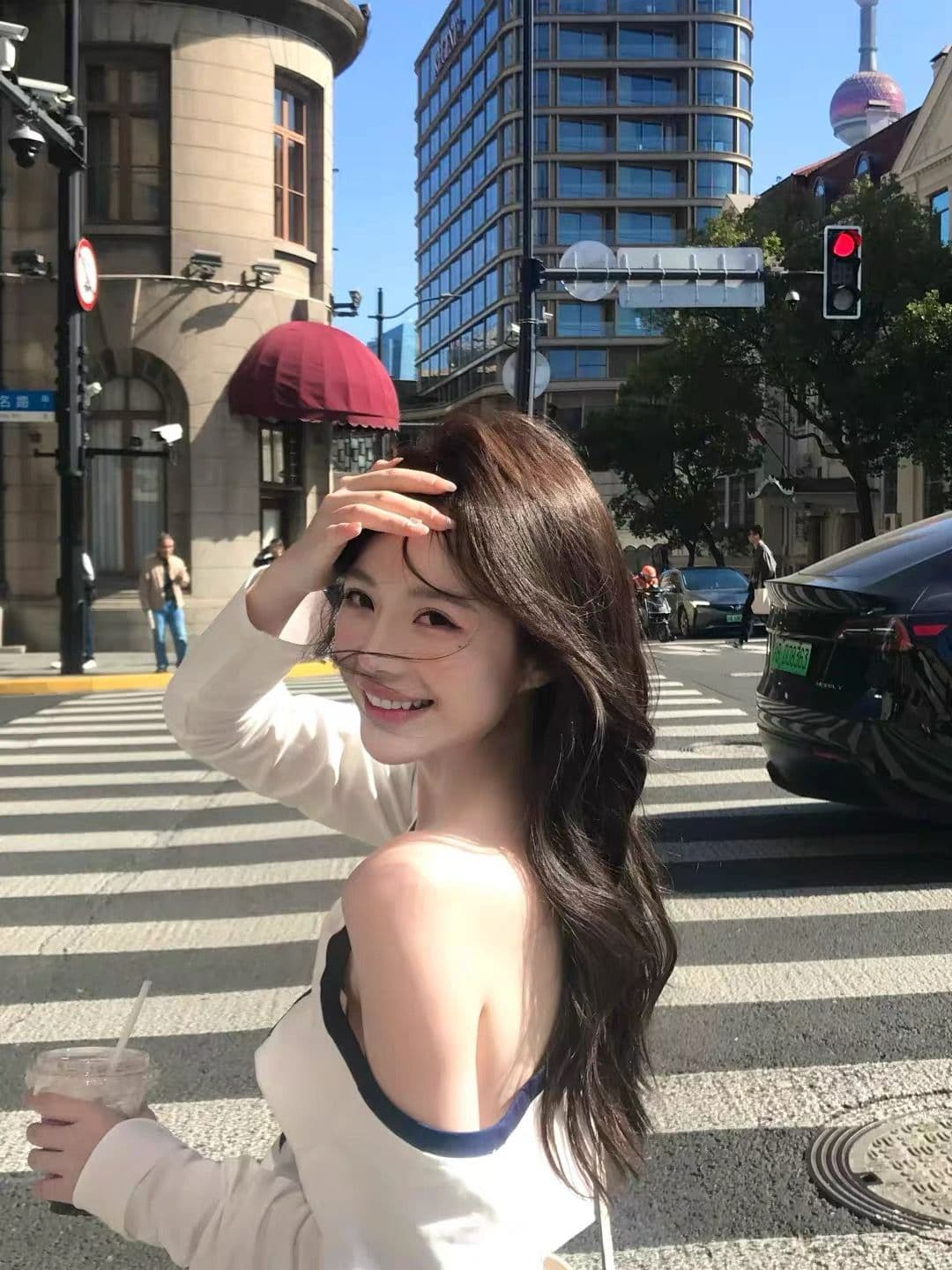 비스듬한 어깨 티셔츠 여성 가을 배색 긴팔 핫걸 캐주얼 맨위 상세 이미지 5