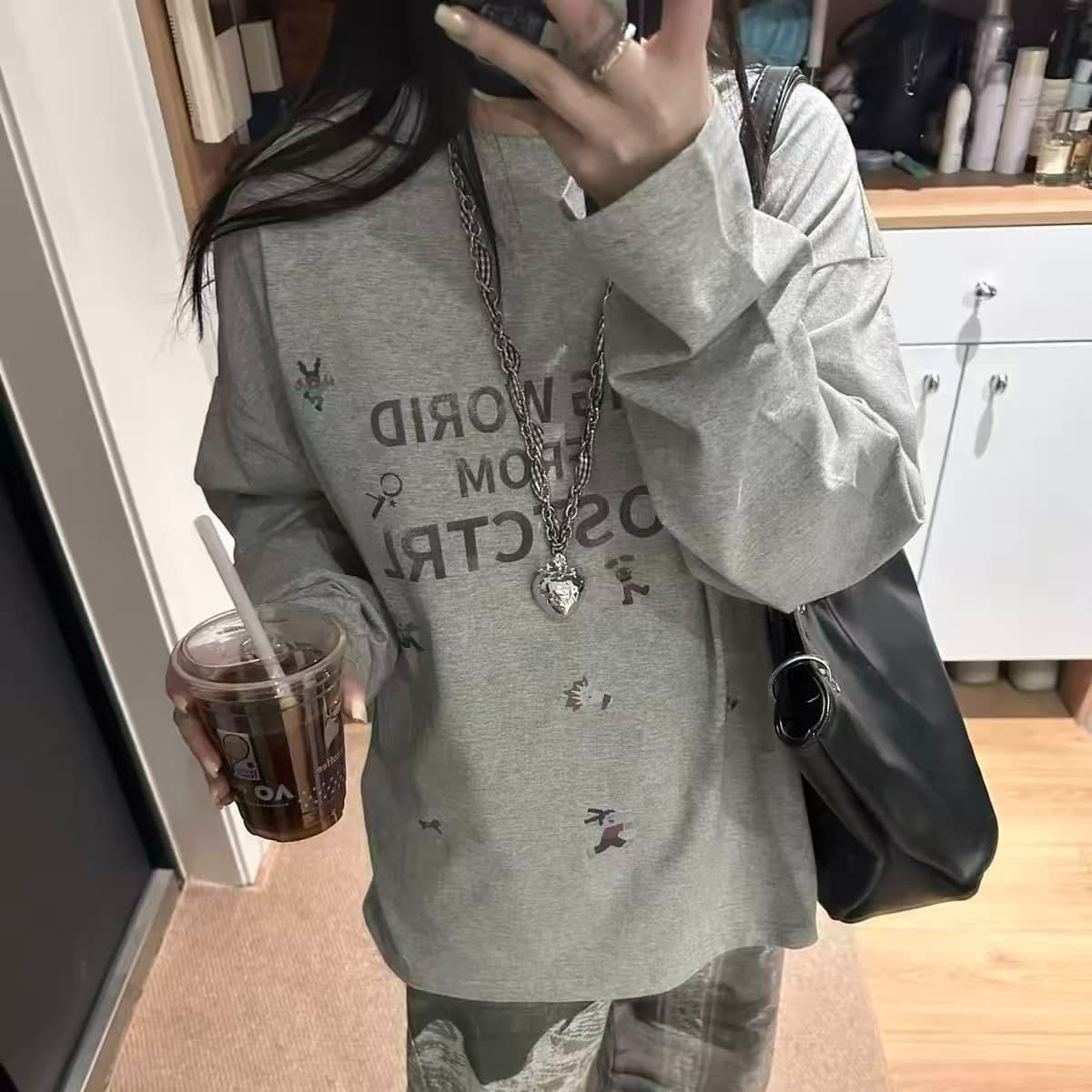 레트로 패치워크 알파벳 긴팔 티셔츠 여성 봄 루즈핏 슬림해 보이는 디자인 센스 다용도 느긋한 맨위 이미지 5